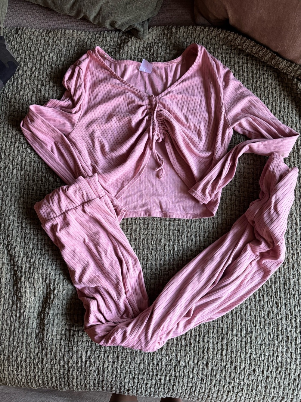 No Boundaries Pink Ribbed Drawstring Crop Top & Lounge Pants Set